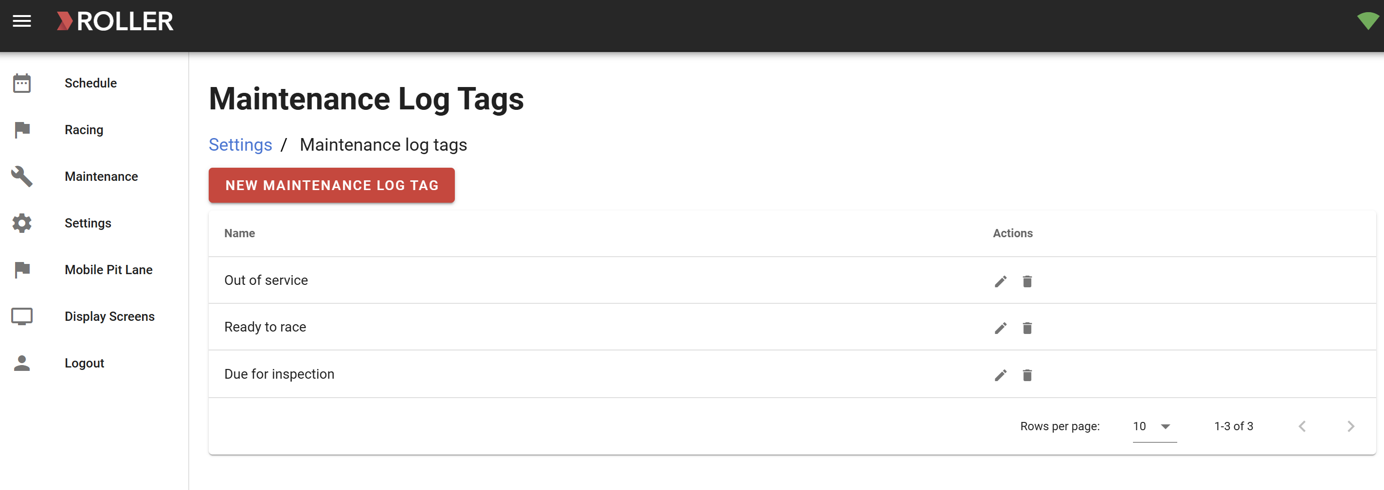 Maintenance log tags interface displaying options for service status and actions.
